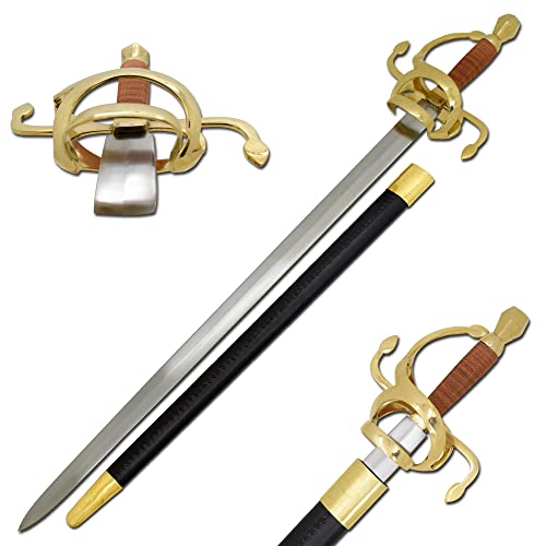Medieval Warrior Handmade Golden Swept Hilt Rapier Sword Full Tang Black Leather Sheath