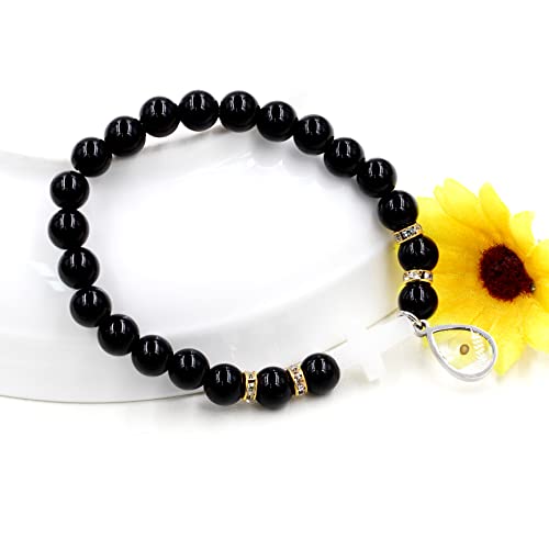 Image of Uloveido Black Agate Side Cross Bracelet Mustard Seed Charms, Personalized Letter A-Z Tiger's Eye Bangle Y944