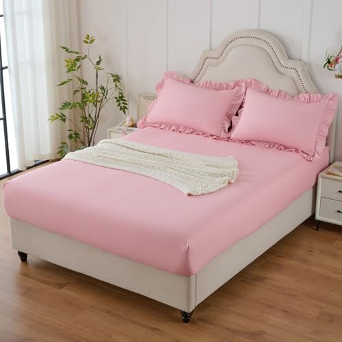 Image of Homiest 3-Pieces Ruffle Pillow Case & Fitted Sheet Set, Light Pink Queen Sheets with 2 Ruffled Pillow Shams, 15 Inch Deep Pocket, Cute & Coquette Microfiber Bed Set for Decorating Bedroom Hotel