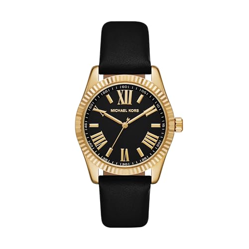 Michael Kors Women's Lexington Three-Hand Gold Stainless Steel and Black Leather Band Watch (Model: MK4748)