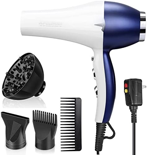 Hair Dryer 2000W, Negative Ionic Fast Dry Low Noise Blow Dryer, Professional Salon Hair Dryers with Diffuser, Concentrator, Styling Pik,2 Speed and 3 Heat Settings,Quick Drying with AC Motor-WhiteBlue