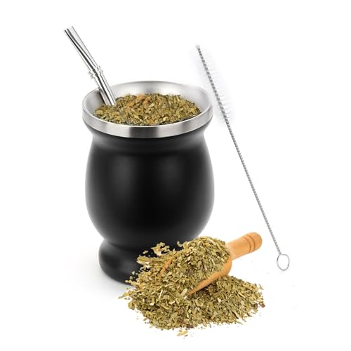 8oz Double-Wall Yerba Tea Set,Yerba Mate Cup, Natural Gourd Tea Cup with Straw Spoon and Cleaning Brush,for Mate Tea, Coffe,Black