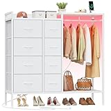 HIGDBFE Dresser with Hanging Rack, 8-Drawer Dresser for Bedroom with Charging Station & LED Lights, White Kids Dressers with Clothes Rack&Shoe Rack, Chest of Fabric Drawers for Bedroom, White