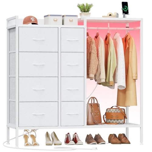 Image of HIGDBFE Dresser with Hanging Rack, 8-Drawer Dresser for Bedroom with Charging Station & LED Lights, Fabric Dressers with Shoe Rack, White, 15" D x 42" W x 43.3" H (8 Drawers)