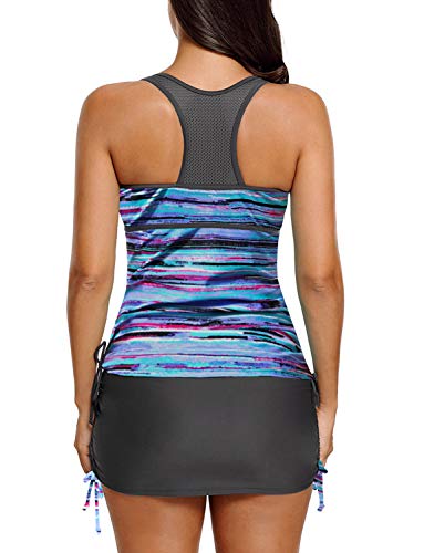 luvamia Women's 2 Pieces Print Zip Front Racerback Tankini Set Swimsuits with Skirt2