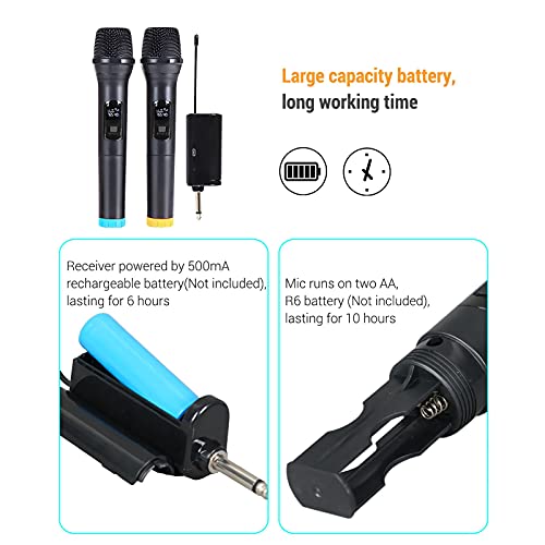 Queenser Microfone Karaokê Profissional UHF Dual Channel Dinâmico Sem Fio Microfone Portátil Sem Fio
