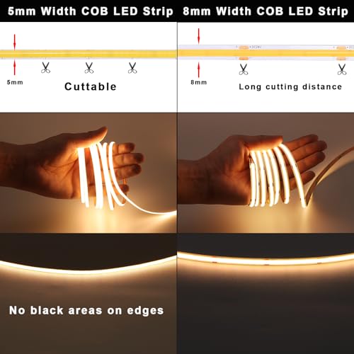Image of TOPAI 12V 5mm Dotless COB LED Strip 16.4ft 2700K Warm White Cabinet Light | Ultra Thin Tape Lights, CRI>90 400 LEDs /M, No Dark Spots, Flexible Cuttable, Self Adhesive Easy Install