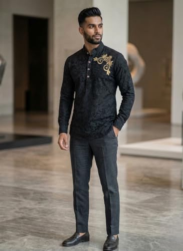 Image of DEEMOON Men's Full Sleeve Short Kurta Shirt with a Trendy Mandarin Collar Crafted from a Premium Cotton Blend for Comfort Ideal for Casual and Semi-Formal Occasions