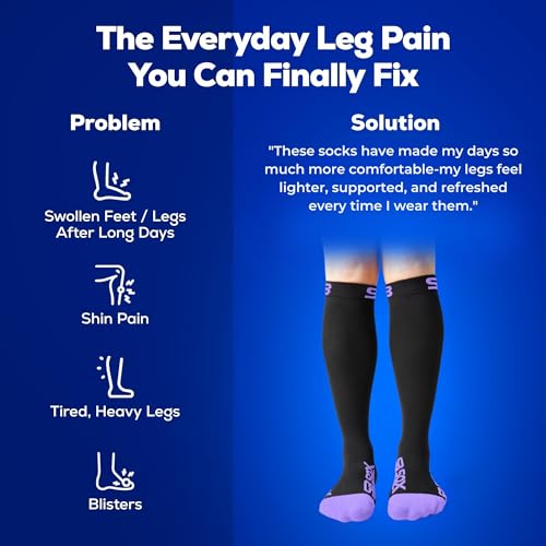 SB SOX Compression Socks (20-30mmHg) for Men & Women – Best Compression Socks for All Day Wear, Better Blood Flow, Swelling! (Large, Black/Purple)