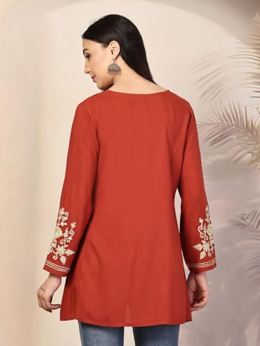 Image of QAZMI Women's Jasmine Kashimiri Aari Embroidered Viscose Rayon A-Line Flared Short Kurti
