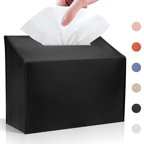 Tissue Box Cover Holder Compatible with Kleenex Disposable Paper Hand Towels Leather Paper Towel Dispenser for Tabletop Bathroom Car Office (Black-1 Pack)