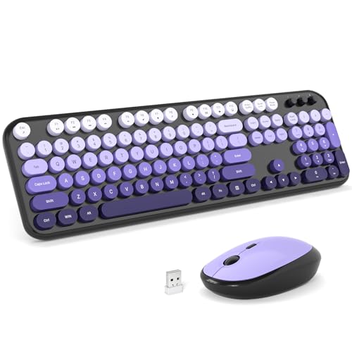 Image of Wireless Keyboard Mouse Combo - Lovely Blackpurple-Gradient Rainbow Full-Sized Typewriter Colorful Keyboards, Round Keycap Plug Play Retro Cute Keyboards for Windows, Laptop, PC, Desktop, Computer