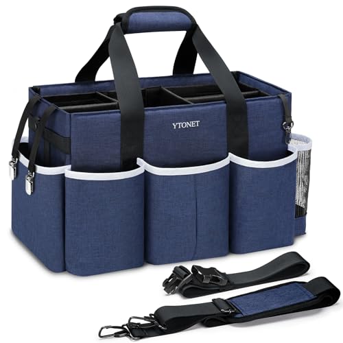 Ytonet Extra Large Cleaning Caddy Bag with 4 Foldable Dividers, Wearable Cleaning Caddy Organizer with Handle & Shoulder Strap & Waist Strap, Housekeeping Tote for Cleaners, Blue