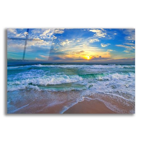 Epic Art 'Blue Beach Waves Sunset Tropical Seascape' by Ezra Tanner, Acrylic Glass Wall Art, 24"x16" by Epic Art - Used condition - US$40.72