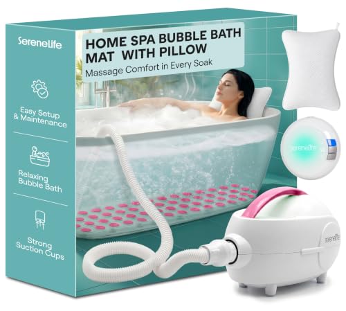 SereneLife Bubble Bath Mat - Portable Spa Bubble Bath Massager with Waterproof Bath Light & Pillow, Adjustable Bubble Intensity, Easy Button Control, Remote Control (Pink)