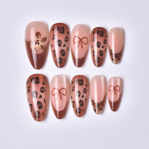 Almond Press on Nails Medium Fake Nails with Leopard Prints Design Red Bow Glue on Nail Glossy Brown French Tip False Nail Reusable Full Cover Flower Nails Press ons for Women Girls Manicure 24Pcs