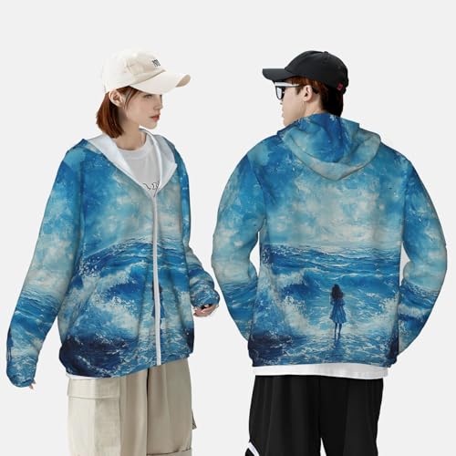 UPF 50+ Sun Protection Hoodie Long Sleeve Blue Ocean Sea Sun Shirt Rash Guard Fishing Shirts for Men 6