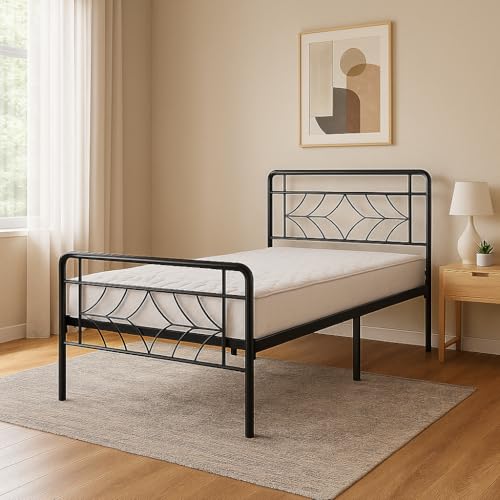 Image of Vara Metal Extra Single Size Bed Without Storage | Wrought Iron Cot with Headboard & Footboard| Sturdy Powder Coated Platform Bed Extra Single Size Cot for Bedroom (Vara Black)