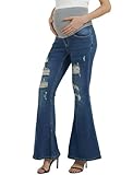 EXARUS Maternity Jeans Over The Belly Flare with Pockets Pregnancy Bell Bottoms Ripped Denim Pants Casual Denim Blue 31' XXL