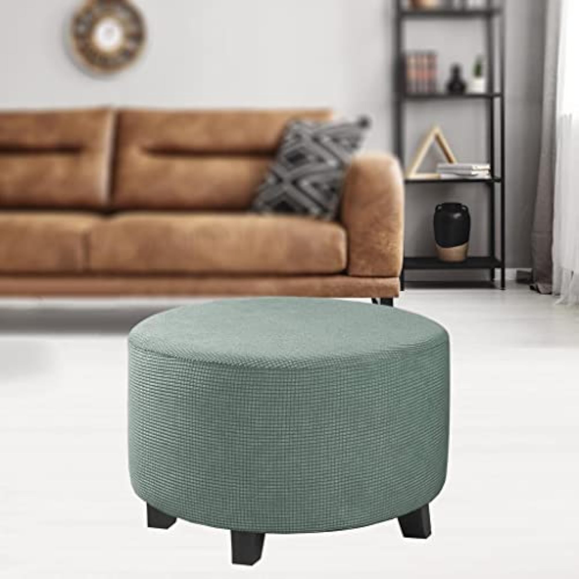 Spandex Jacquard Round Ottoman Slipcover, Light Green