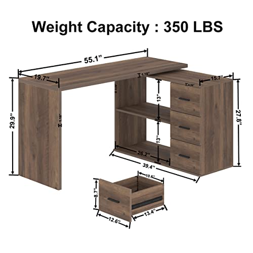 Image of HSH Rustic L Shaped Computer Corner Desk with 3 Storage Drawers 55 inch