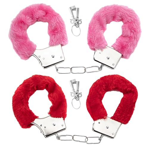 WnlahuWA 2 Stück Rosa Plüsch Handfesseln für Cosplay, Handschellen für Sexspiele, Sexy Rot Metall Handschellen, Handschellen mit Plüsch, Sex...