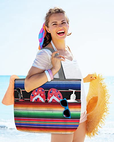 Mexican Serape Colorful Stripes Beach Tote Bag for Women, Ethnic Rainbow Art Print Mesh Beach Bags Waterproof Sandproof, Outdoor Picnic Swim Pool Handbag - Large Beach Bag with Zipper and Pockets2