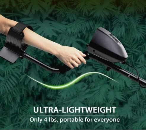 Image showing a person holding the VIHELM MD3030 metal detector, highlighting its ultra-lightweight design and adjustable armrest.