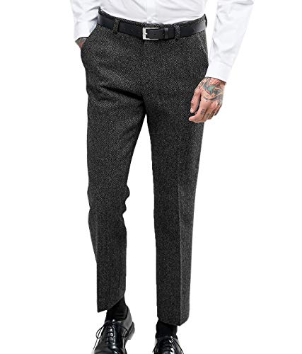 Men's Vintage Herringbone Dress Suit Pants Thick Wool Flat Front Tweed Trousers