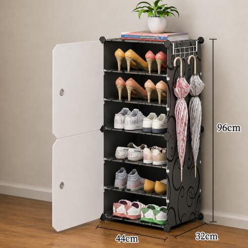 Image of Oumffy Plastic Shoe Rack for Home | ๐ ๐๐๐ฒ๐๐ซ Shoe Organizer Cabinet with ๐ ๐๐จ๐จ๐ซ๐ฌ | Dustproof Shoe Storage Rack for Entryway, Bedroom & Living Room | Space Saving Multipurpose Stand | BLKWHT