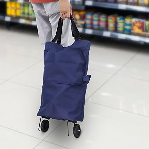 Collapsible Trolley Bags on Wheels, Oxford Cloth Foldable Shopping Bag with Wheels Shopping Cart for Home Supermarket (Indigo)