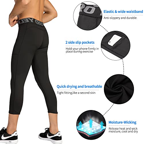 Eargfm 3/4 Athletic Leggings For Men Workout Compression Pants With Pockets Running Tights Cool Dry Base Layer Gym Capri Black/White/Grey X-Large #TOP2