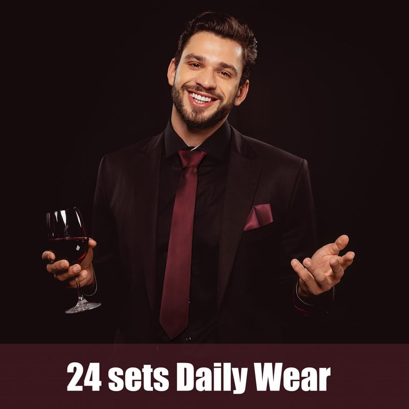 Image of Zhanmai 48 Pcs Men Solid Color Ties and Pocket Square Set Satin Necktie Business Handkerchief for Wedding Party