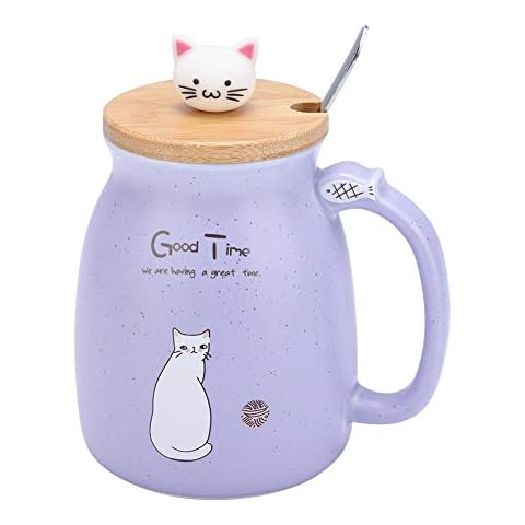 TOPINCN Taza De Cerámica Lovely Cat Solid Con Cuchara Y Tapa De Madera Taza De Leche De Agua Con Café Para Drinkware Regalo Oficina Cover
