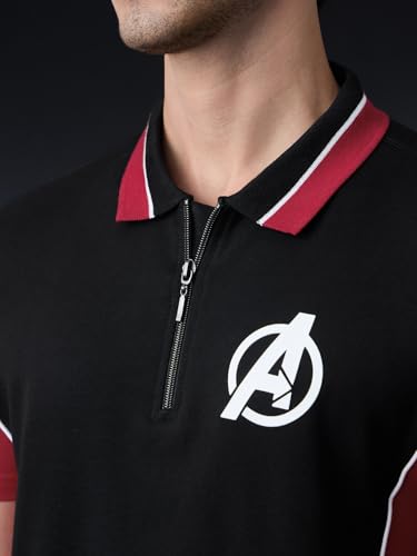 Image of The Souled Store Official Avengers Suit Men and Boys Regular Fit Half Sleeves Graphic Printed Cotton Black Color Zipper Polo T-Shirt (220355)