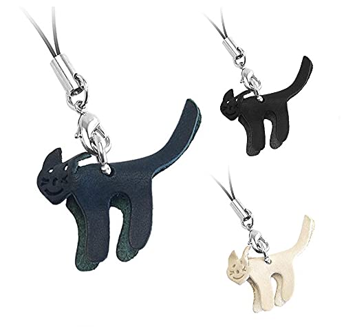 イタリア製 本革レザーストラップ チャーム 猫 ねこ にゃんこ モチーフ "LA CUOIREIA" (ブルー)