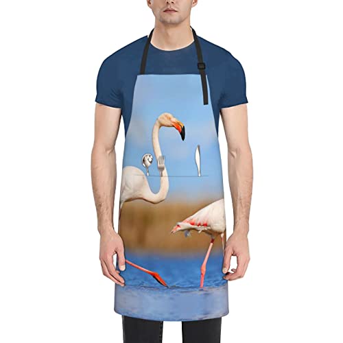Vucemi Pink Flamingo In Water Printed Apron Waterproof Adjustable Bib Apron Cooking With Pocket Durable Aprons For Kitchen Gardening #TOP12