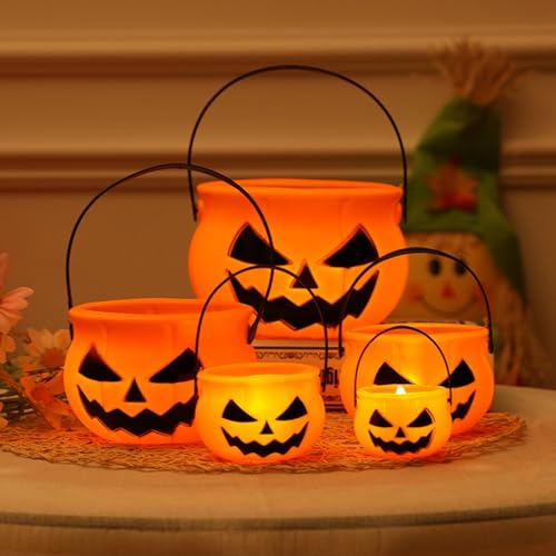 5 Pcs Multiple Sizes Plastic Pumpkin Bucket with Handle for Halloween Decor (Orange) - image 2