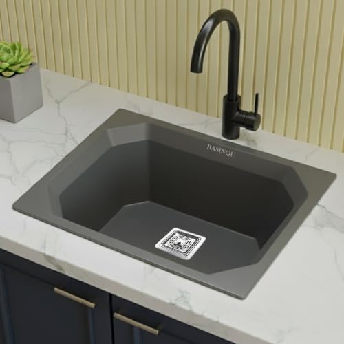 Image of BASINQU Quartz Sink for Kitchen | 24x18x9 Inches Grey Single Bowl Sink For Kitchen Basin Diamond Designed | Granite UV Protected Scratch Resistant, Undermount /Topmount Kitchen Sinks