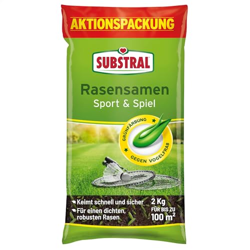 Substral Rasensamen Sport und Spiel, 2kg für 100m² - strapazierfähige Rasensaat-Mischung mit Grünfärbung gegen Vogelfraß