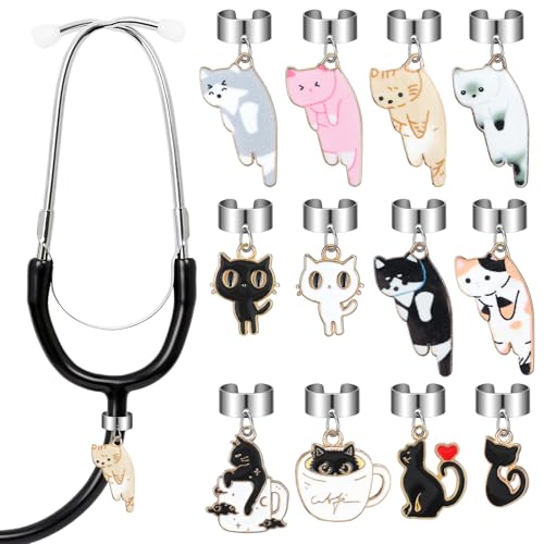 Solsew 12ピース 猫 聴診器 チャーム タグ 看護師 かわいい 猫 調節可能 聴診器 ID 名札 ギフト パーソナライズ 医師アクセサリー 女性 医師 学生 看護師 卒業, as shown, 金属, 宝石なし