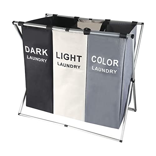 Small Laundry Cloth Hamper Sorter Basket Bag Bin Foldable 3 Sections with Aluminum Frame 25'' × 14'' x 22'' Washing Storage Dirty Clothes Bag for Bathroom Bedroom Home (White+Grey+Black)