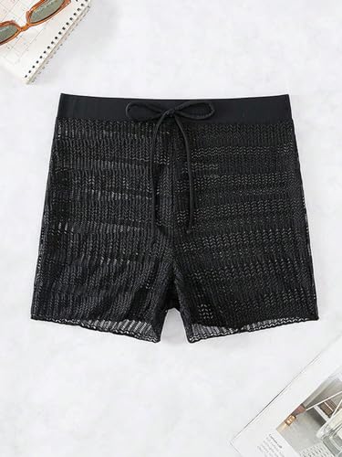 Leoparts Women's Hollow Out Cover Up Shorts High Waisted Semi Sheer Tie Front Cover Up Bottoms (Panty not Included)3