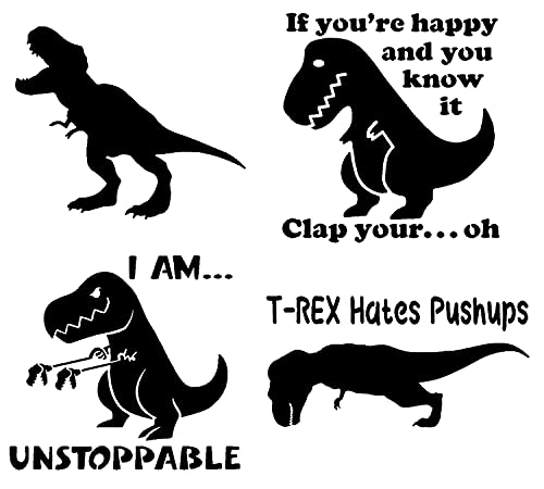 T-Rex Dinosaur Decal 4 Pack: I am Unstoppable, T-Rex Hates Pushups, Silhouette, Clap Your Hands (Black, Small ~3.5