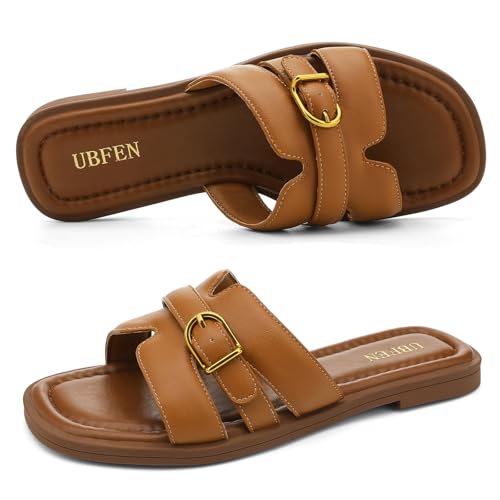Image of UBFEN Womens Square Toe Flat Sandals Slides Dressy Comfortable for Beach