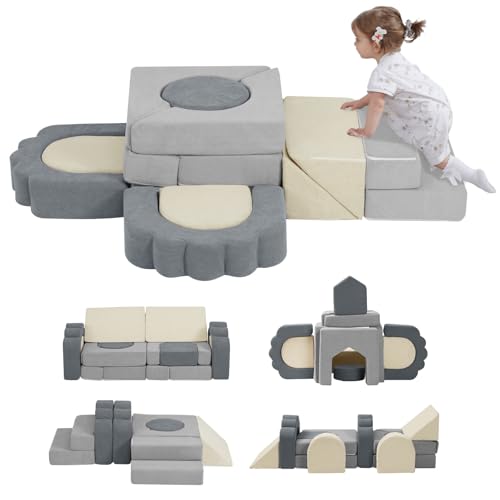 13 Pieces Foam Climbing Blocks for Toddlers 1-3|Kids Floral Soft Play Climbing for Indoor,Infant Modular Crawing Toys with Washable Cover for Playroom,Bedroom,Nursery and Preschool,Gray & Beige