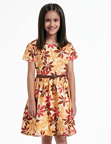Image of Amazon Brand - Jam & Honey Girl's 100% Soft & Pure Cotton Comfortable and Stylish Printed Woven Dress with Short Sleeves and Belt - Perfect for Every Occasion