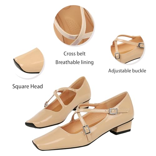Women's Square Toe Low Chunky Heel Mary Janes with Adjustable Buckle Retro Vintage-Inspired Cross Strap Buckle Block Heel Office Comfort Pumps for Wedding Party Casual4