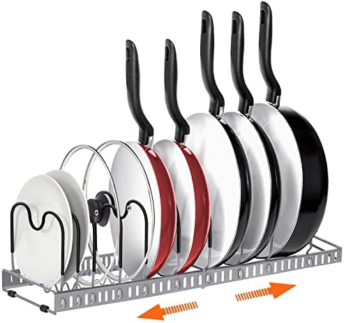 AHNR Expandable Pot and Pan Organizers Rack, 10+ Pans and Pots Lid Organizer Rack Holder, Kitchen Cabinet Pantry Bakeware Organizer Rack Holder with 10 Adjustable Compartments (Grey)