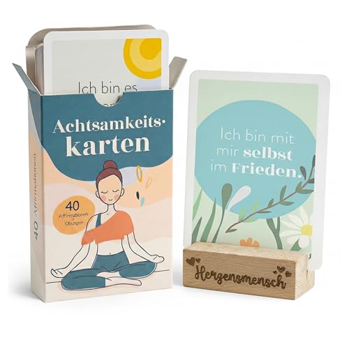 TIOMACY 40 Achtsamkeitskarten mit Holzhalter Herzensmensch - mit Übungen - Affirmationskarten für Erwachsene - Motivationskarten - positive Affirmationen - Geschenk für Frauen - Achtsamkeit Geschenk